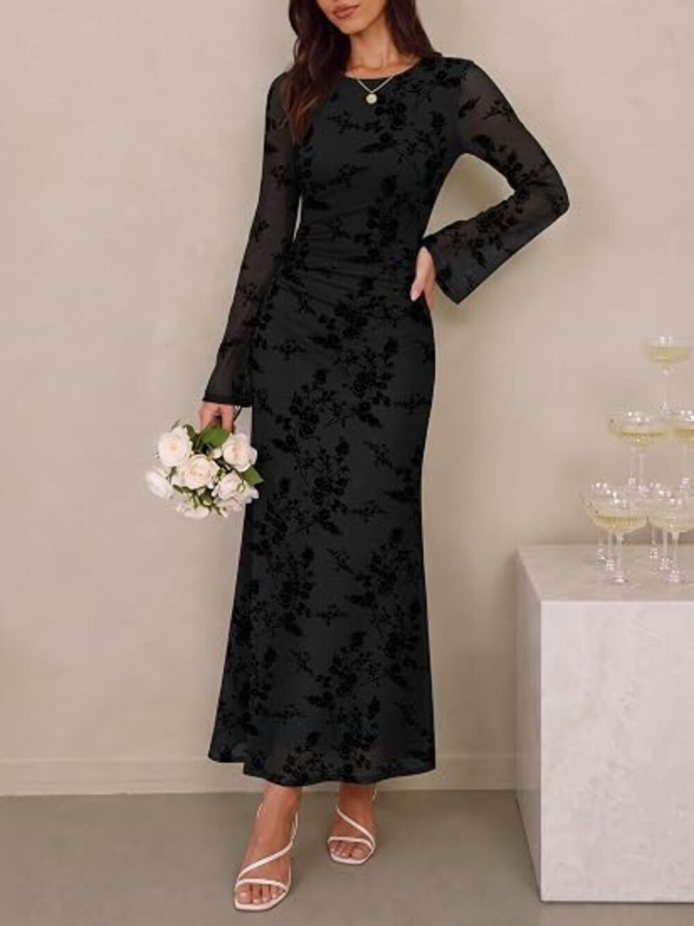 Womens Long Sleeve Floral Fall Bodycon Ruched Mesh Maxi Formal Dress